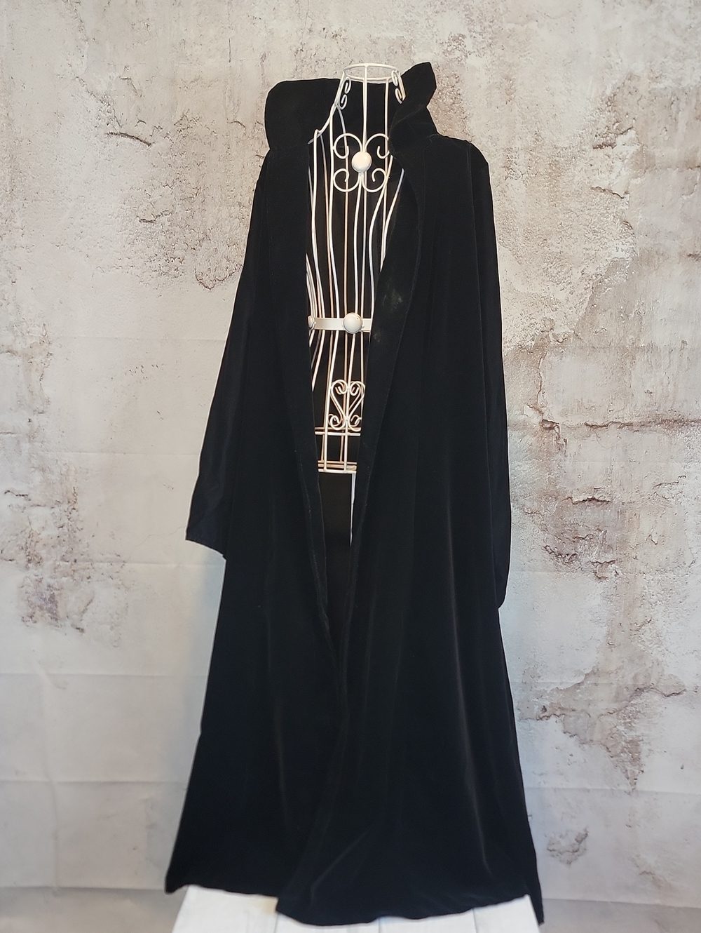 Handmade Black Velvet Long Cloak with High Collar Unisex Size L
